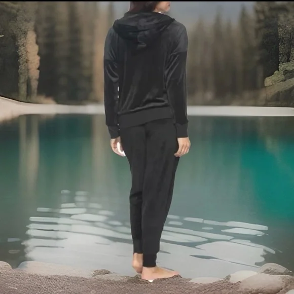 Velour Zip Hoodie & Jogger /Loungewear Set Black Super Soft NWT 2PC Tracksuit - Picture 5 of 5